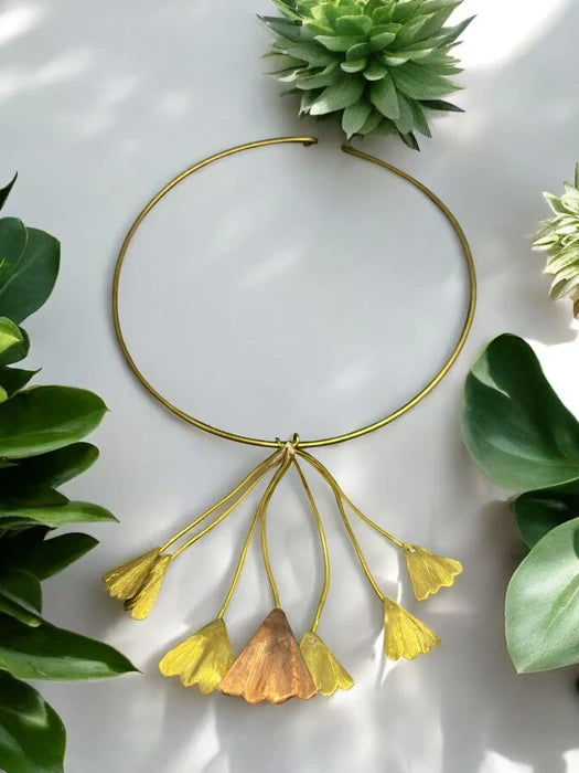 Dancing Lilies Brass Hasli Necklace Jewelry Set (Necklace + Earrings)