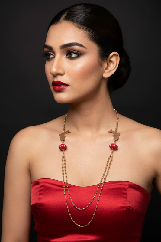 Dolphin Long Double Chain Brass Necklace