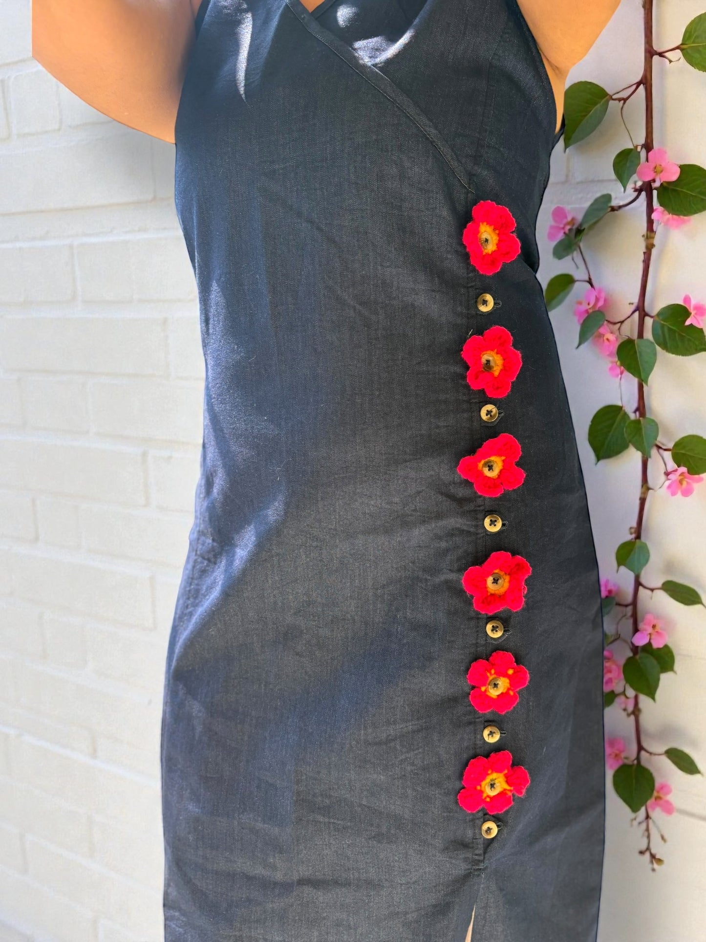 Lara Detachable Crochet Flower Denim Dress - Blue