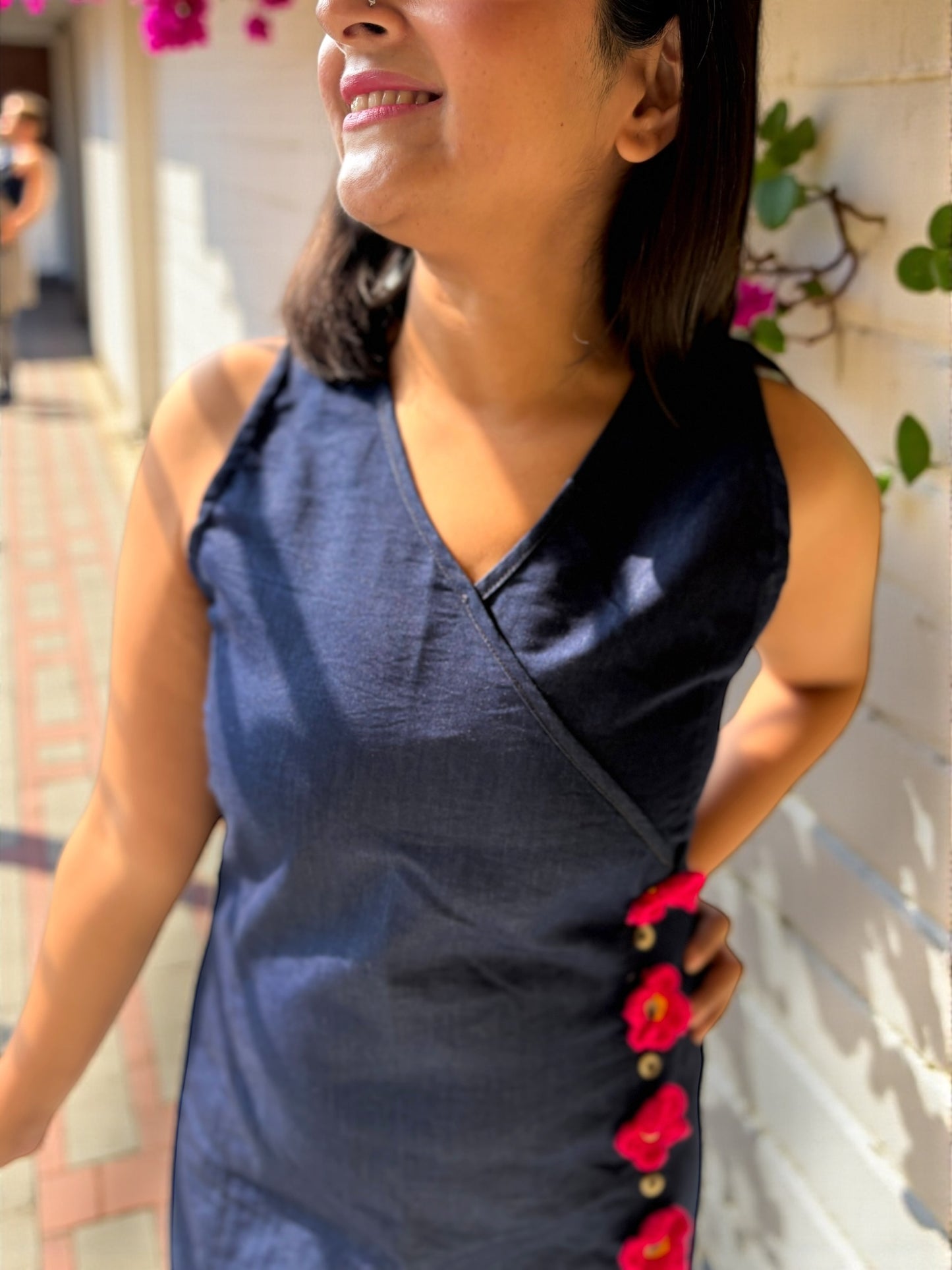 Lara Detachable Crochet Flower Denim Dress - Blue