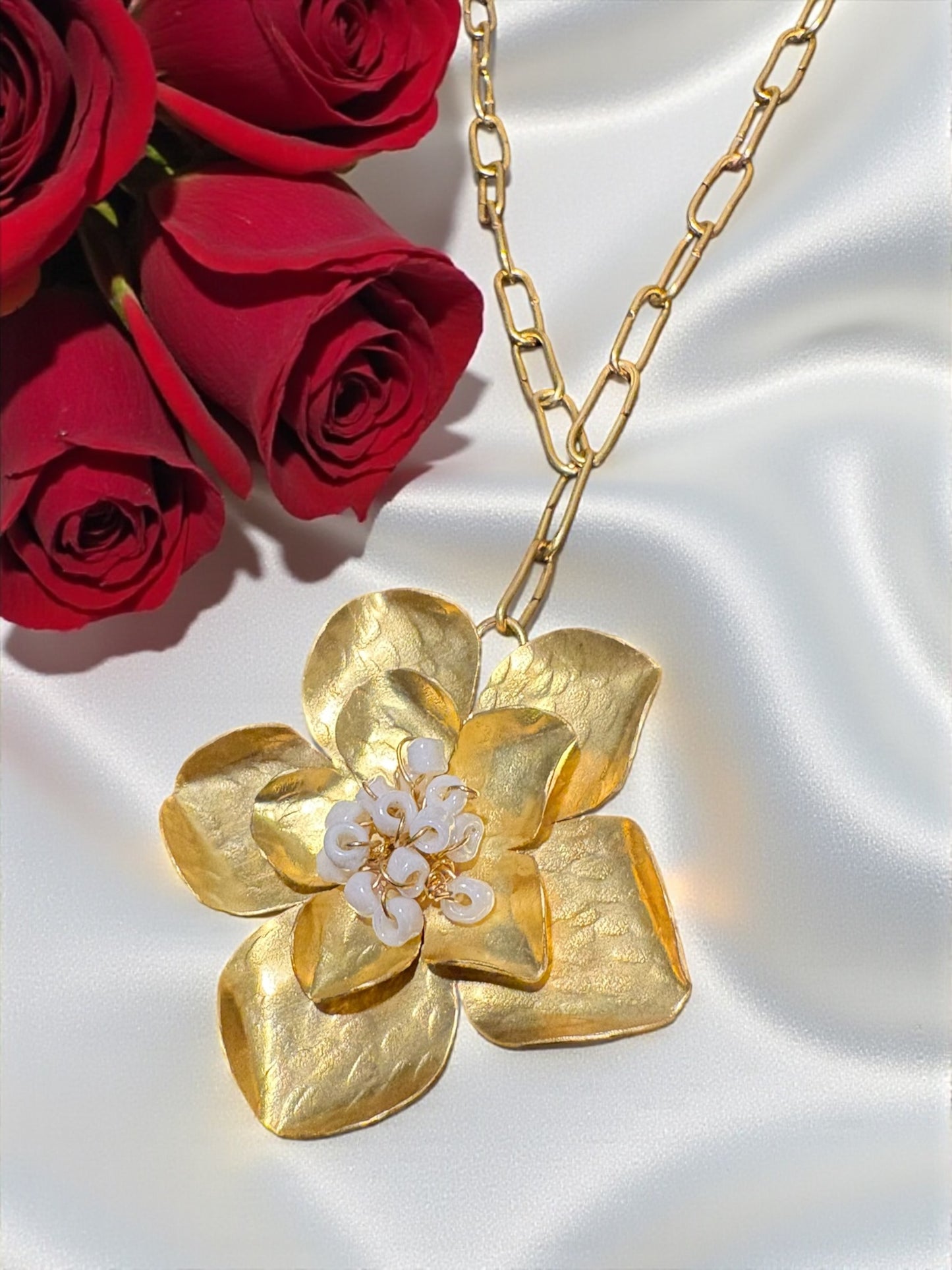Spring Flower Brass Pendant Chain Necklace