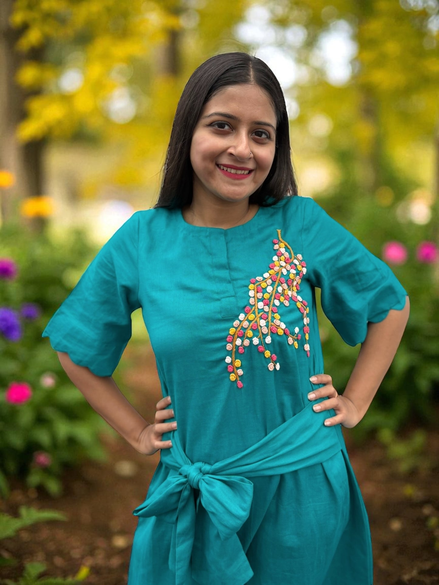 Nobita Embroidered Khadi Cotton Wrap Belt Dress - Turquoise Blue
