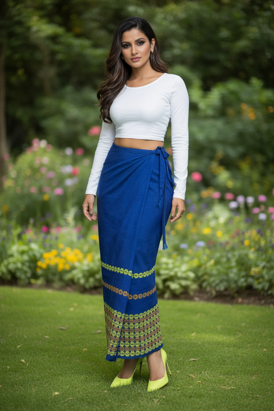 Naobi Assamese Cotton Wrap Skirt - Blue