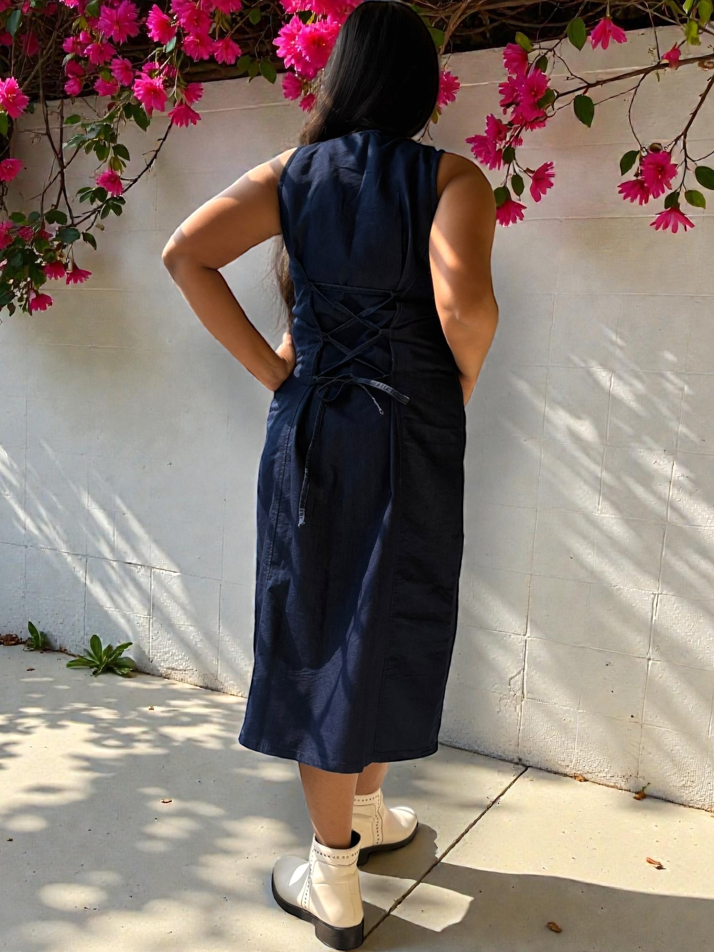 Lara Detachable Crochet Flower Denim Dress - Blue