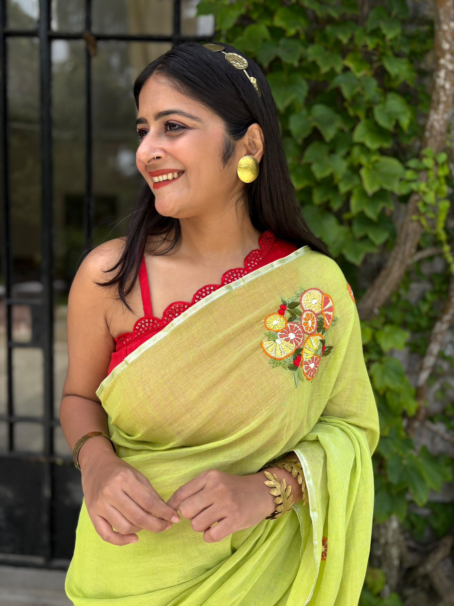 Lemons Green Hand-Embroidered Cotton Saree