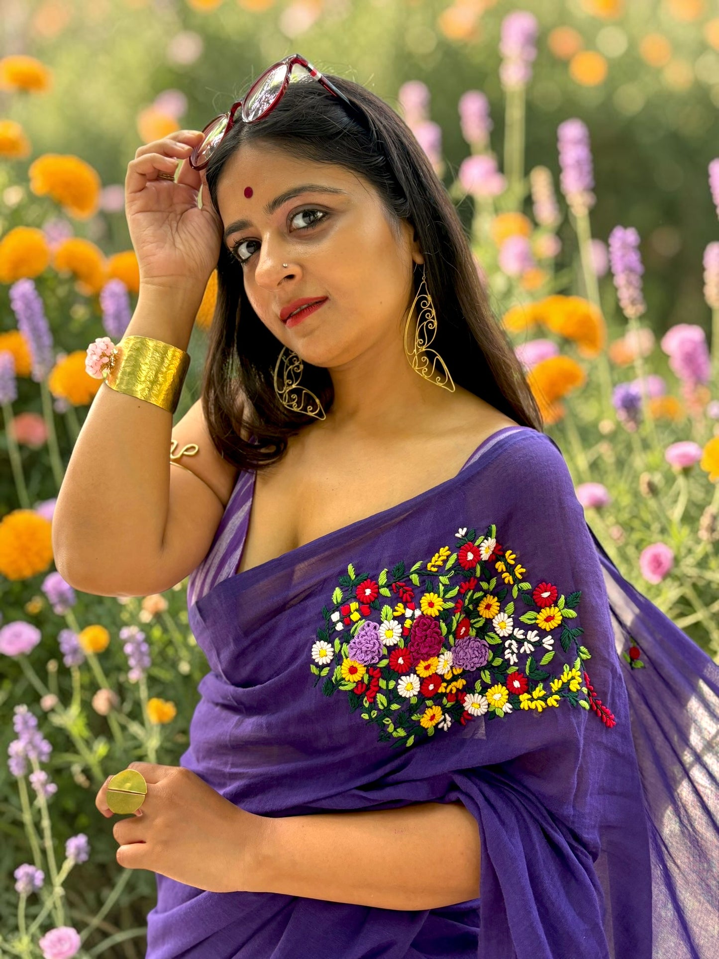 Guldasta Hand-Embroidered Handloom Saree - Purple