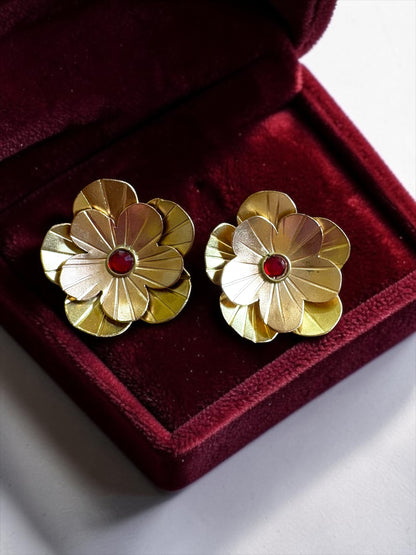 Fleurs Brass Hasli Necklace Jewelry Set (Ear Studs,Necklace,Ring) - Red