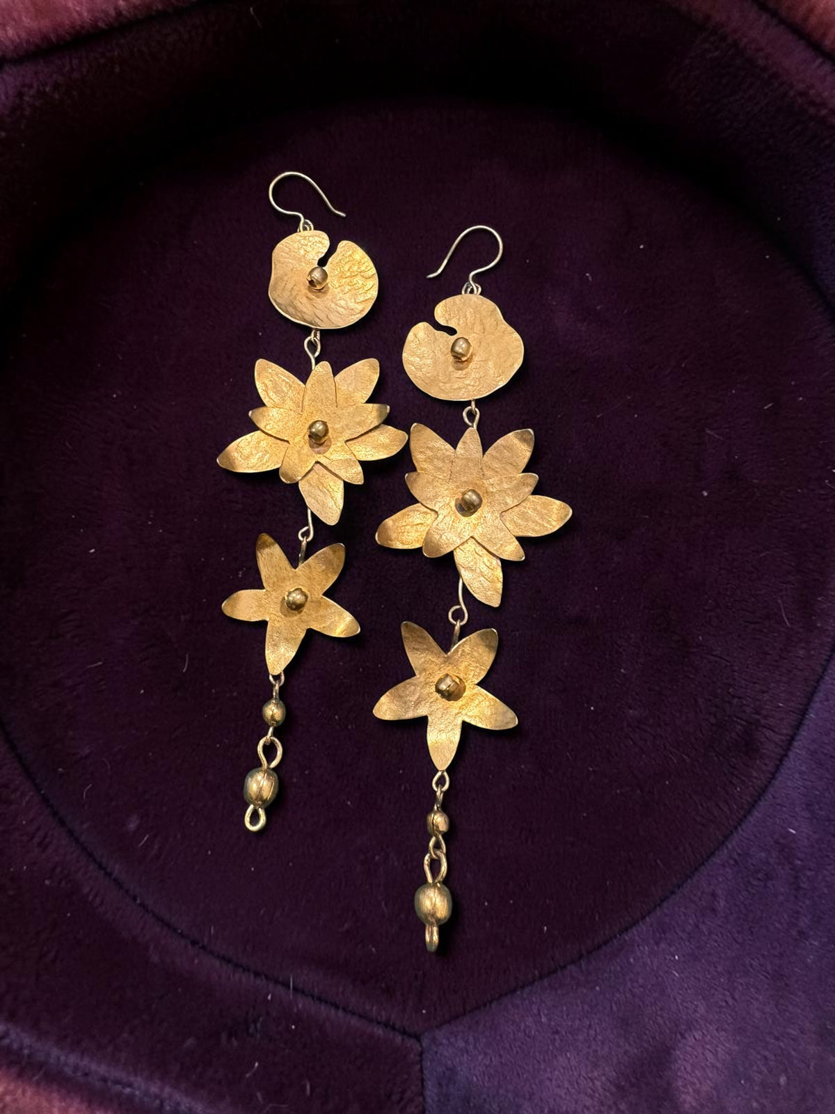 Lily Pond Leaf Brass Dangler Earrings Jewelry Set (Earrings, Bracelet, Ring)