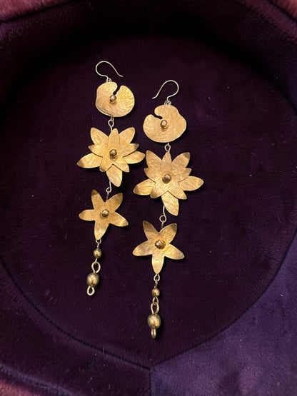 Lily Pond Leaf Brass Dangler Earrings Jewelry Set (Earrings, Bracelet, Ring)