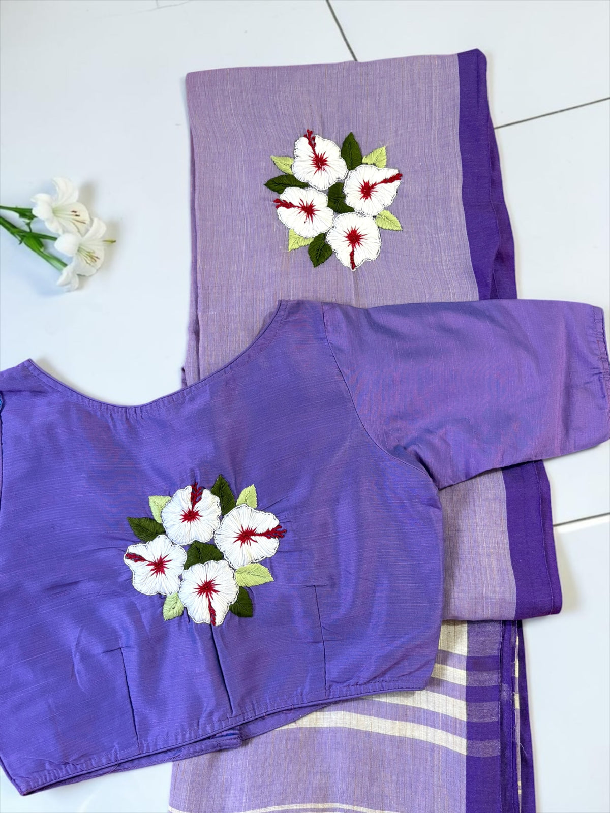 White Joba Cotton Hand-Embroidered Blouse - Purple