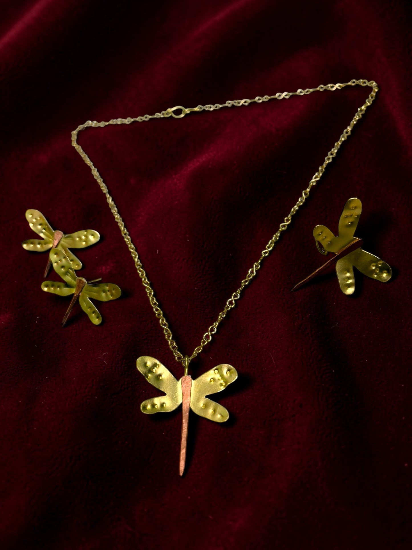 Dragonfly Brass Pendant Chain Necklace Jewelry Set (Necklace, Earrings, Ring)