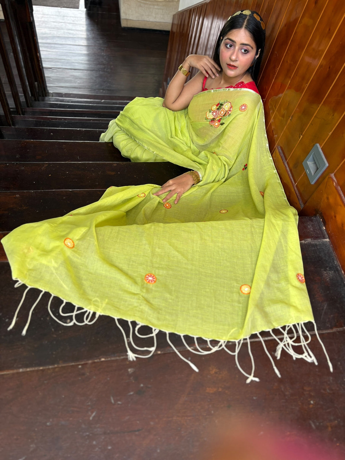 Lemons Green Hand-Embroidered Cotton Saree