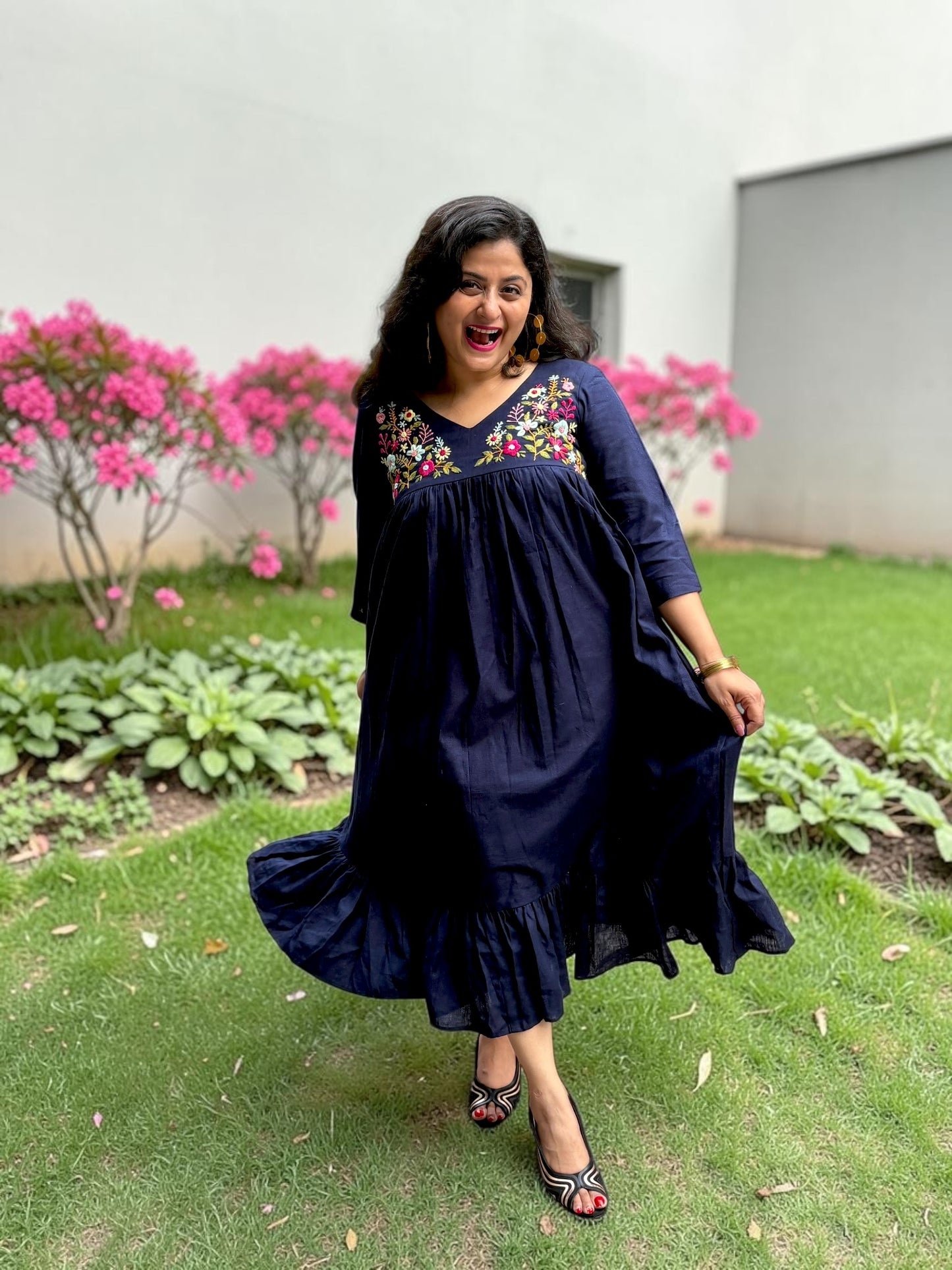 Disha Hand-Embroidered Cotton Midi Dress - Navy Blue