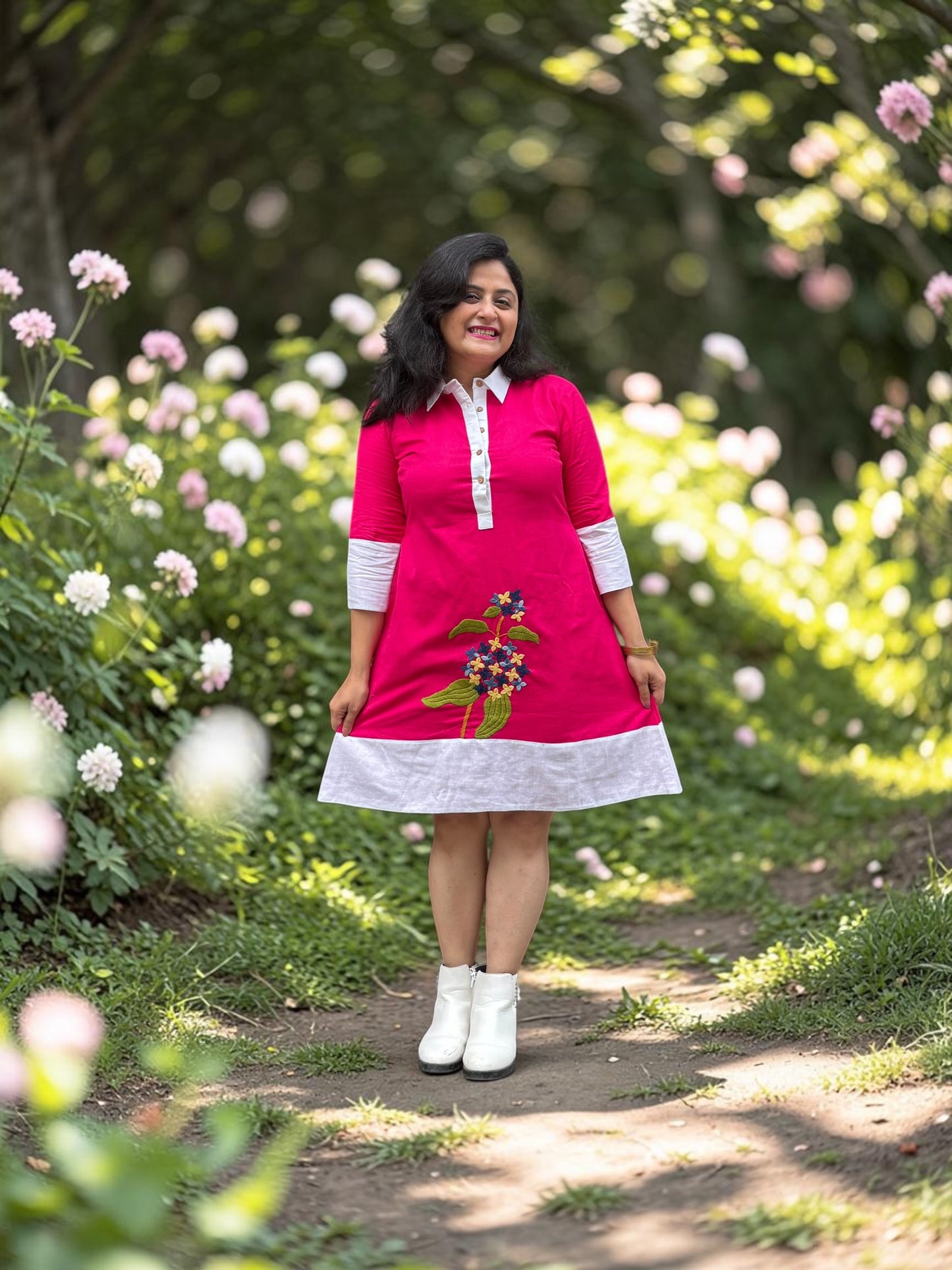Sarang Antifit Sleeves Embroidered Cotton A-line Dress - Pink