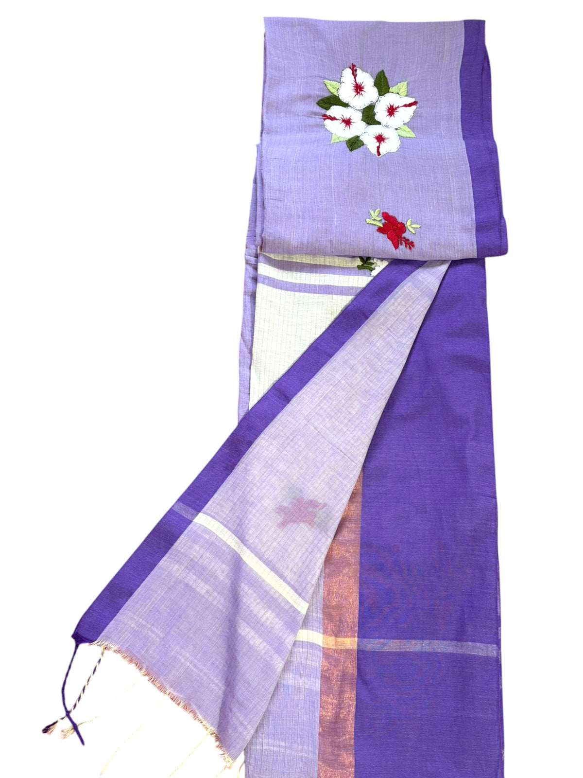 White Joba Hand-Embroidered Cotton Saree - Purple