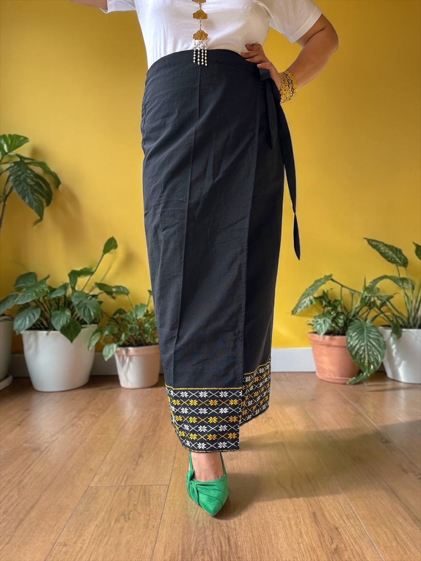 Naobi Assamese Cotton Wrap Skirt - Black