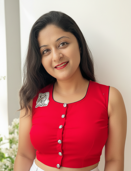 Eye of the Tiger Printed Sleeveless Cotton Blouse - Red