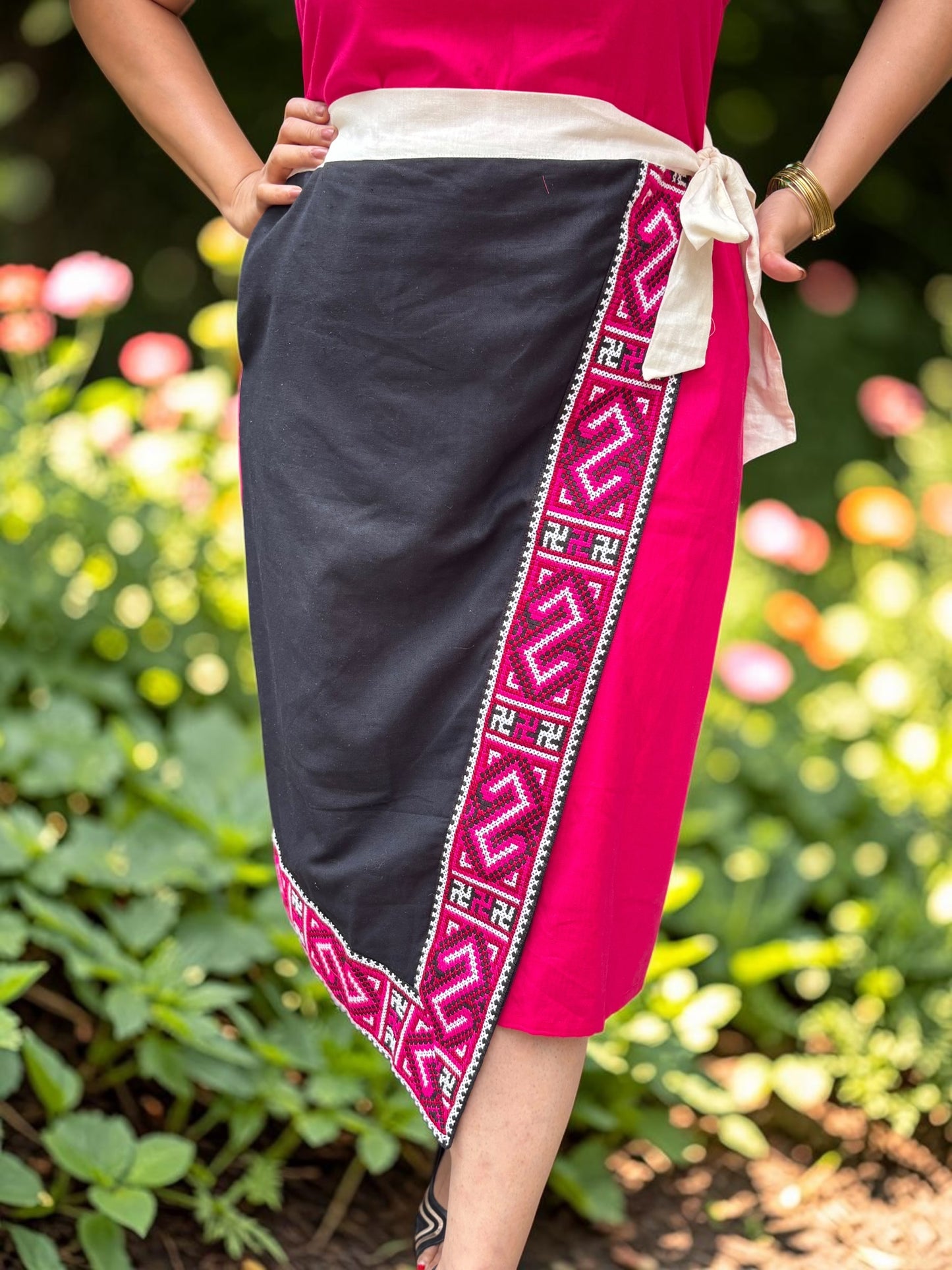 Helena Embroidered Wrapover Cotton Sheath Dress - Black Pink
