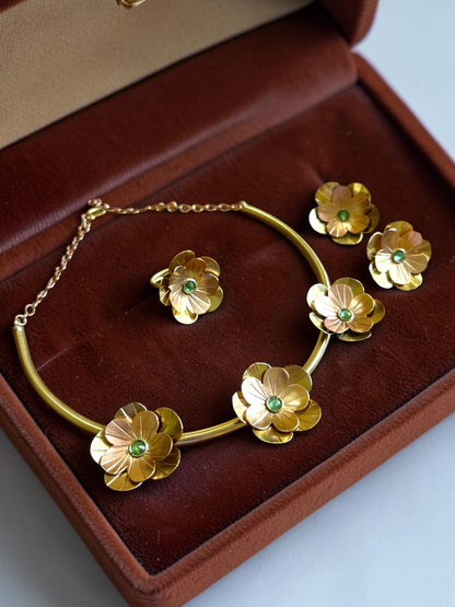 Fleurs Brass Hasli Necklace Jewelry Set (Ear Studs,Necklace,Ring) - Green