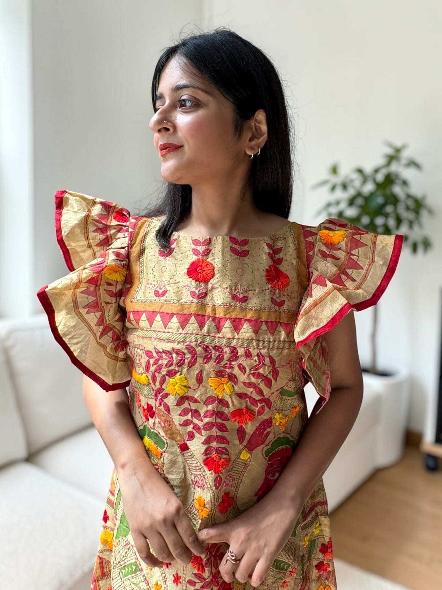 Butterfly Wings Embroidered Phulkari A-line Dress - Beige