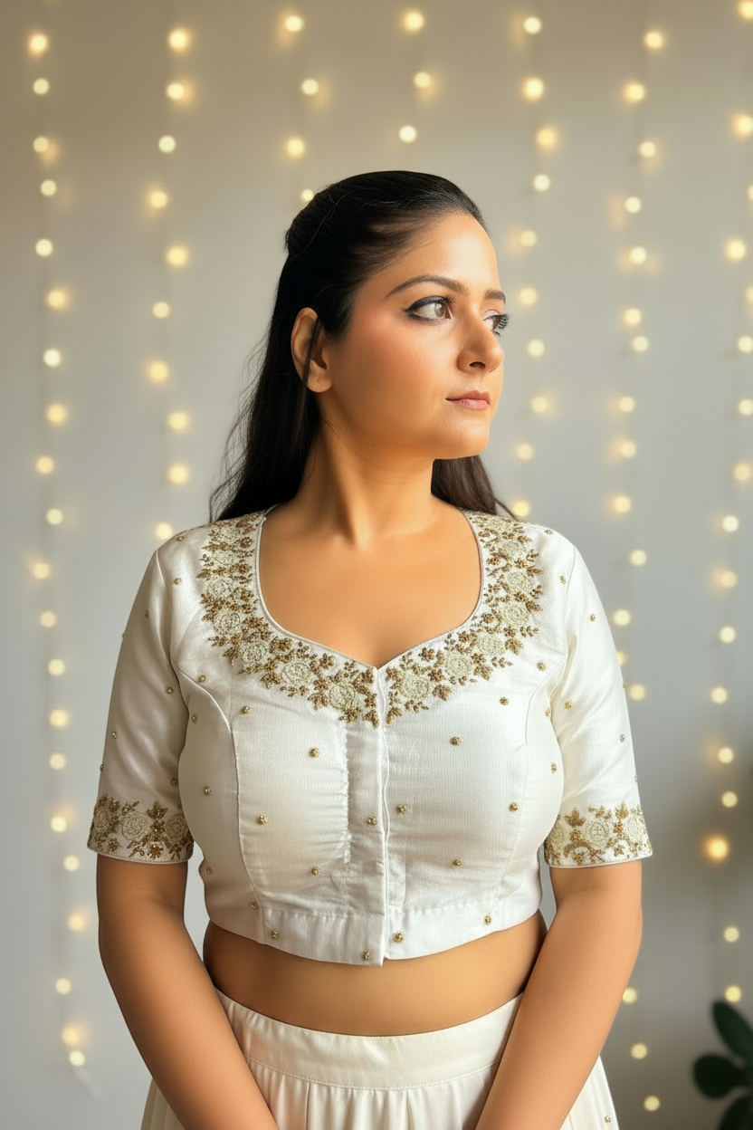 Ivory White Zardosi Embroidered Partywear Blouse