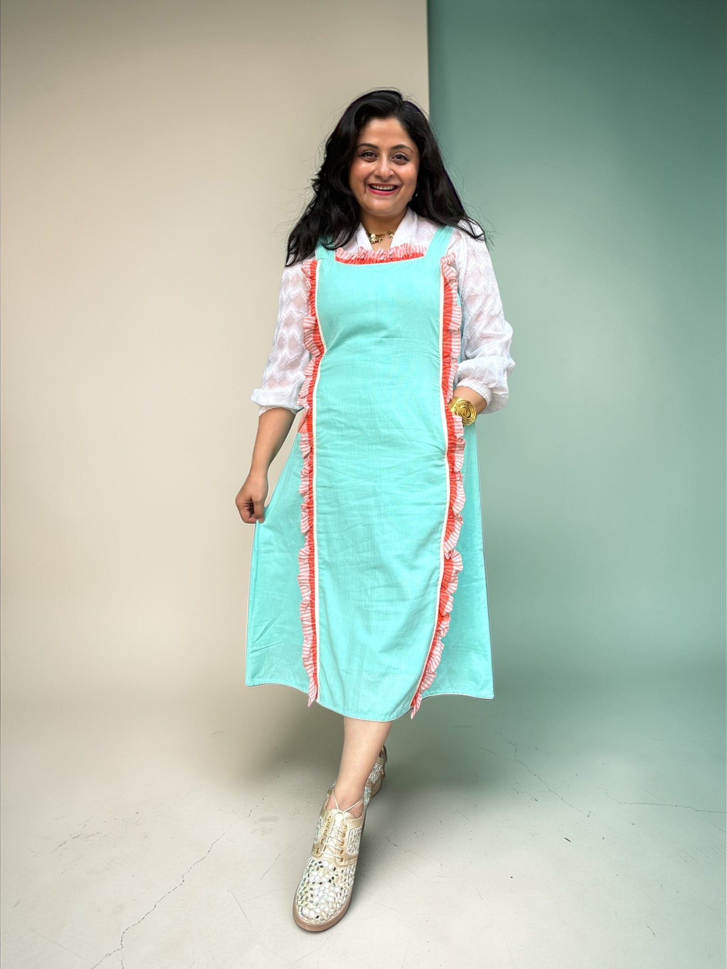 Katerina Gamchha Accent Cotton Frilled A-line Dress - Sea Green