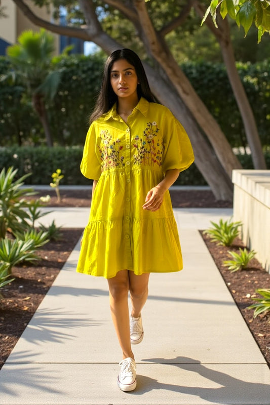 Bloom Hand-Embroidered Cotton Shirt Dress - Yellow
