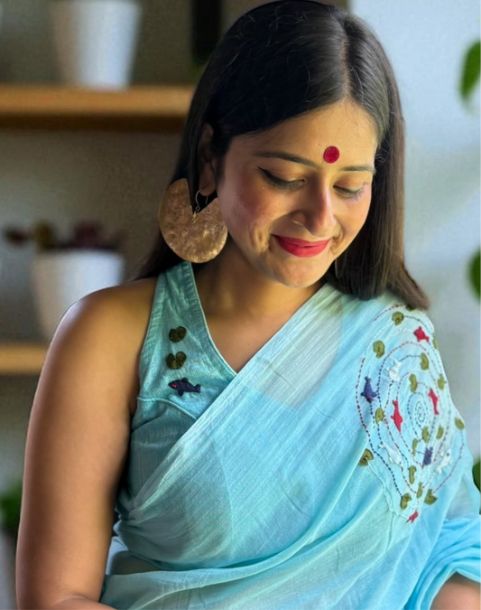 Water Cotton Hand-Embroidered Blouse - Blue