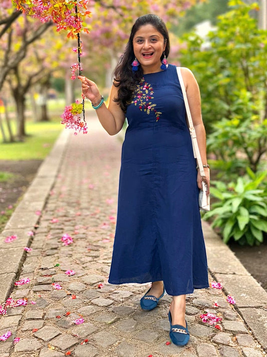 Ishani Hand-Embroidered Cotton Midi Dress - Navy Blue