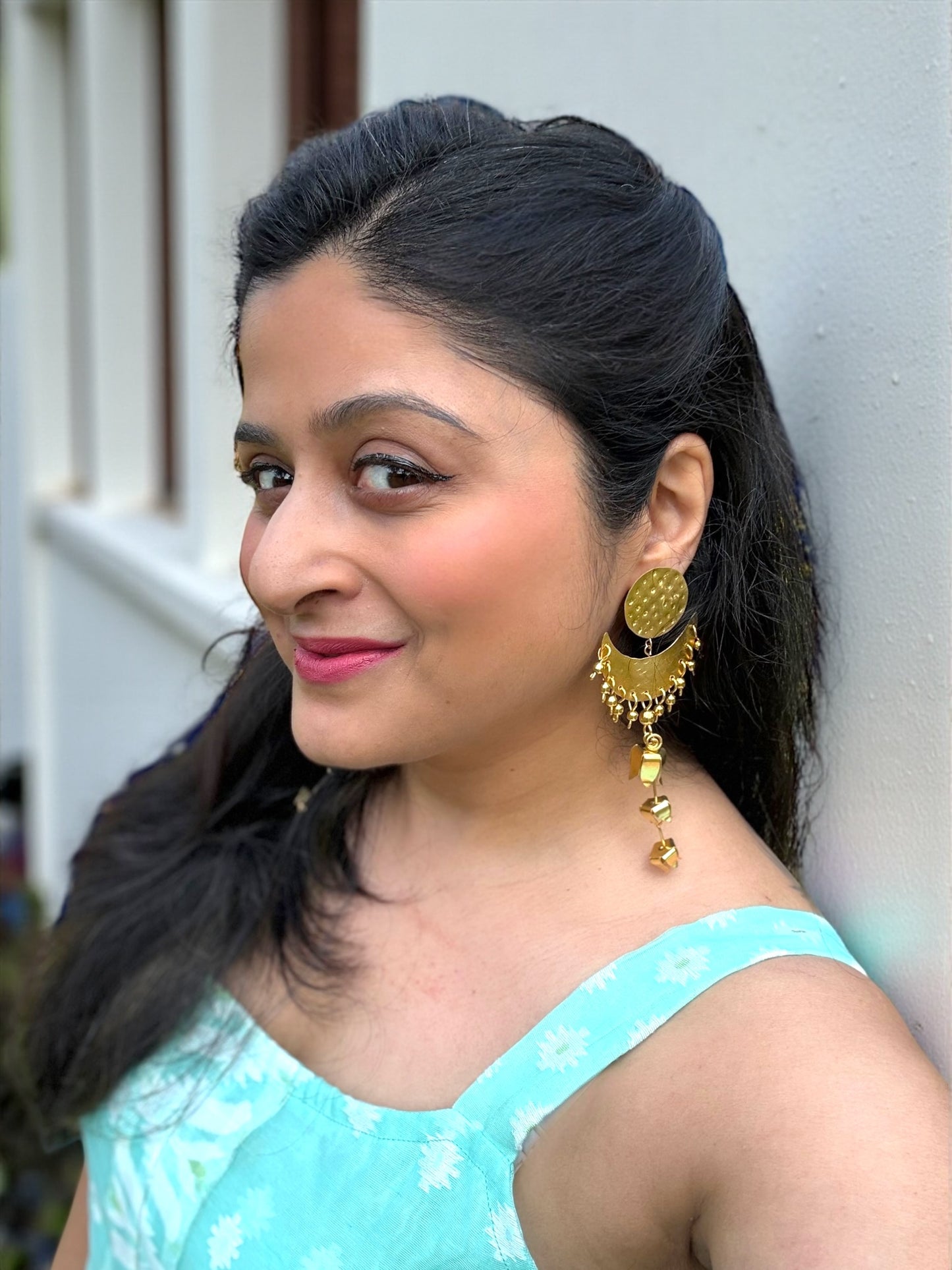 Moon Flower Brass Statement Dangler Earrings