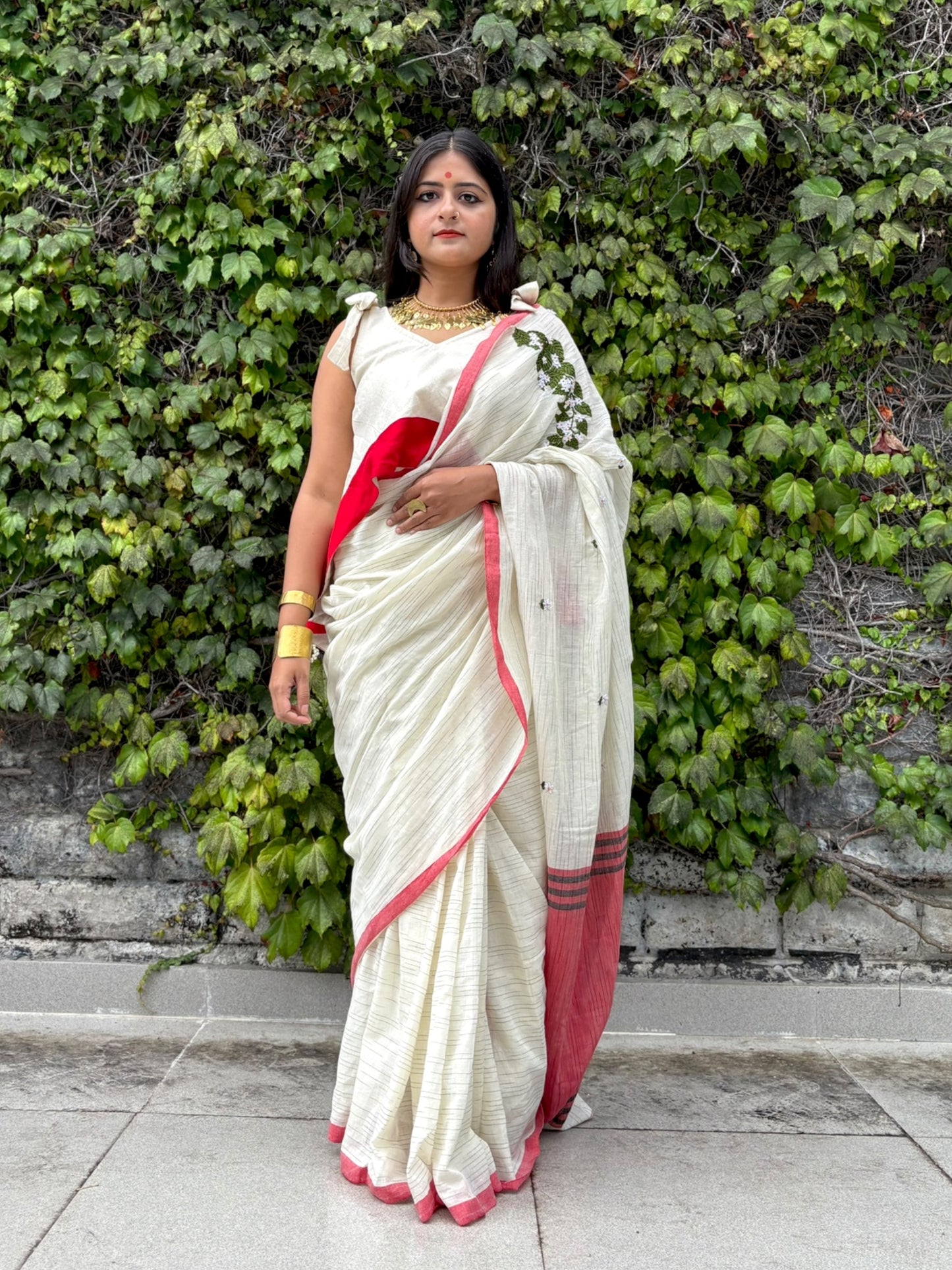 Shiuli Off-white & Red Hand-Embroidered Handloom Saree