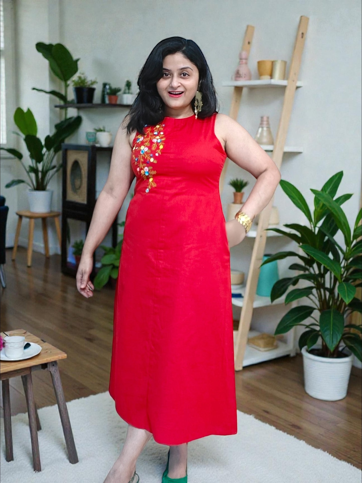 Ishani Hand-Embroidered Cotton Midi Dress - Red