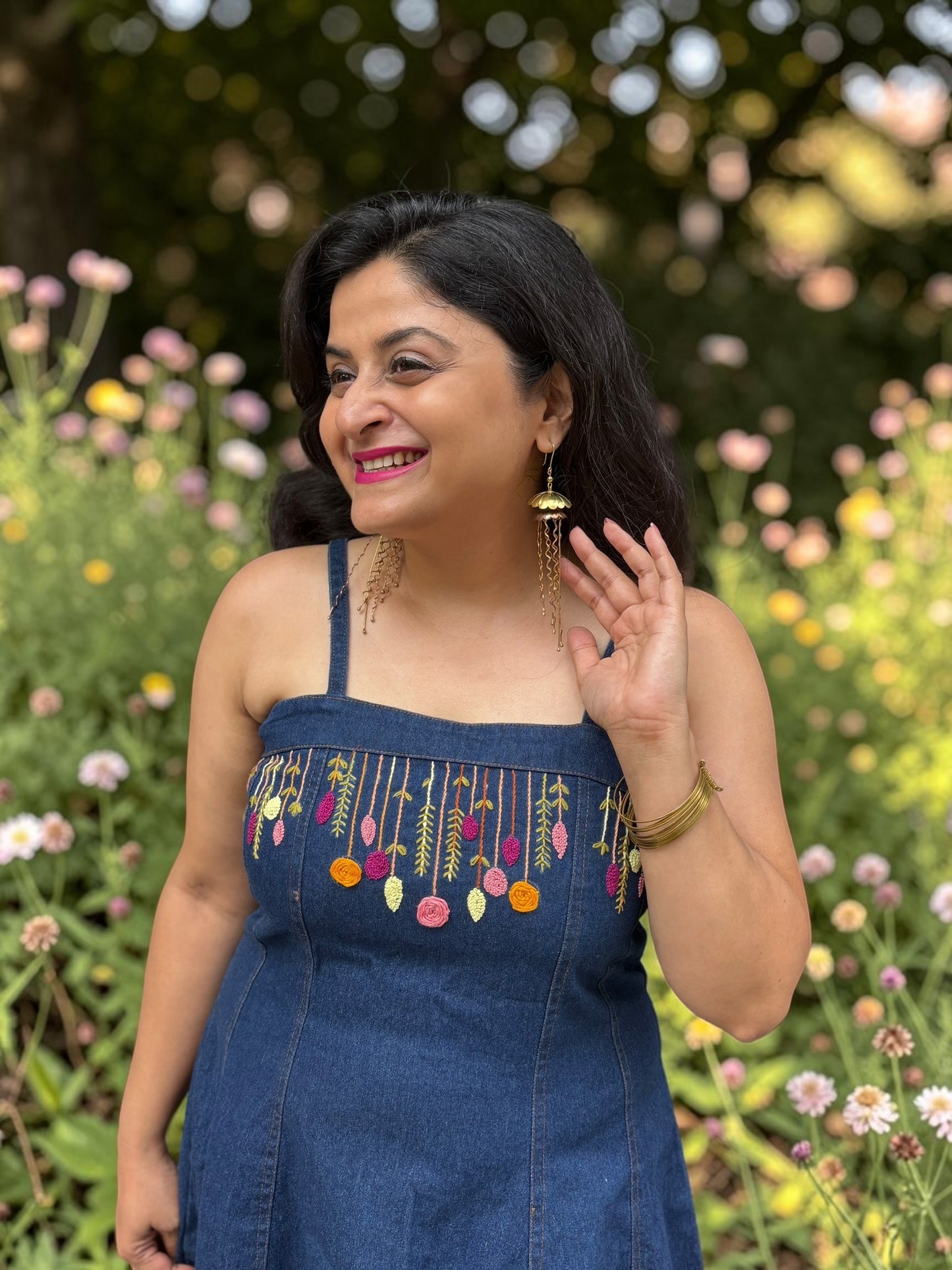 Gina Hand-Embroidered Strappy Denim Dress