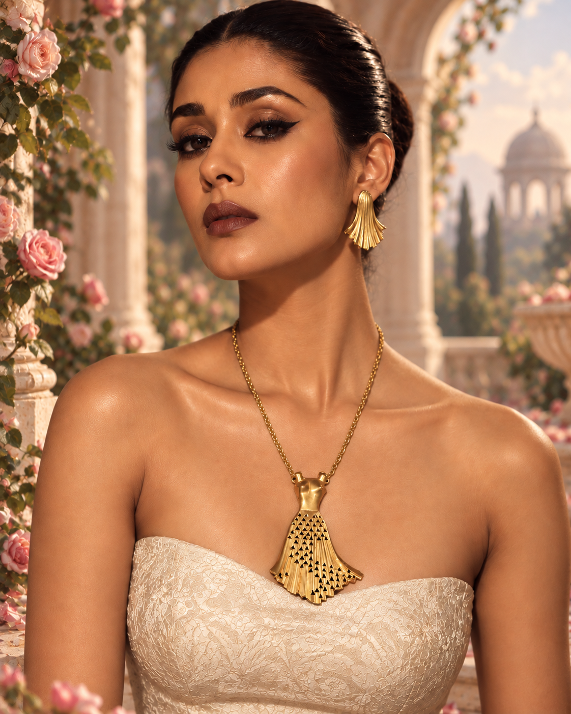Princess Diana Premium Sculptural Brass Necklace Jewelry Set (Necklace, Earrings)
