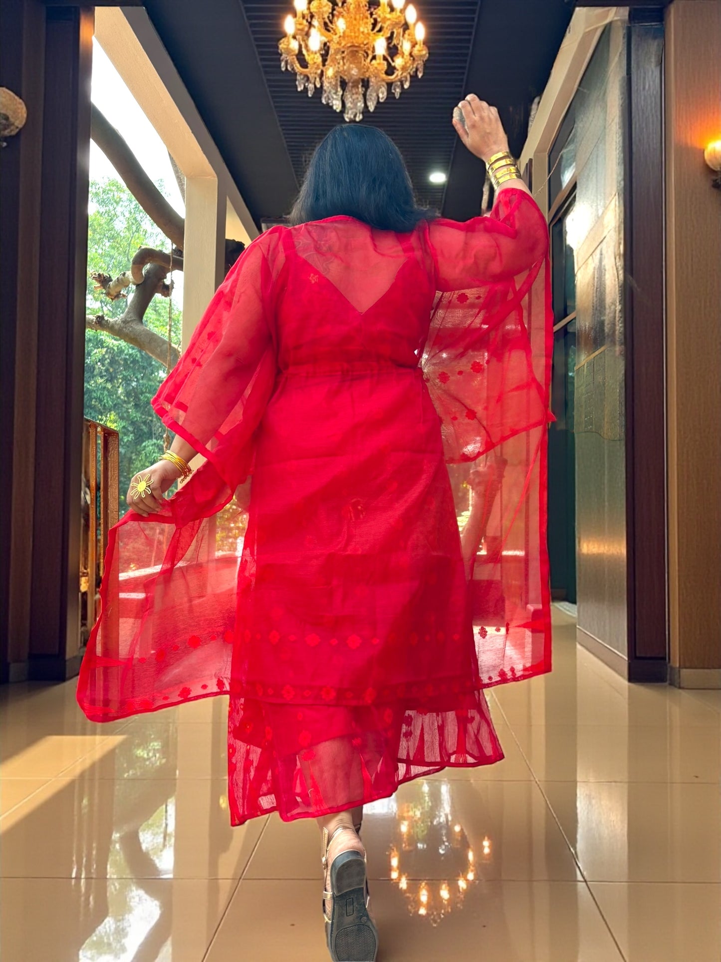 Rose Jamdani Saree Skirt, Kaftan Jacket & Top Coord Set
