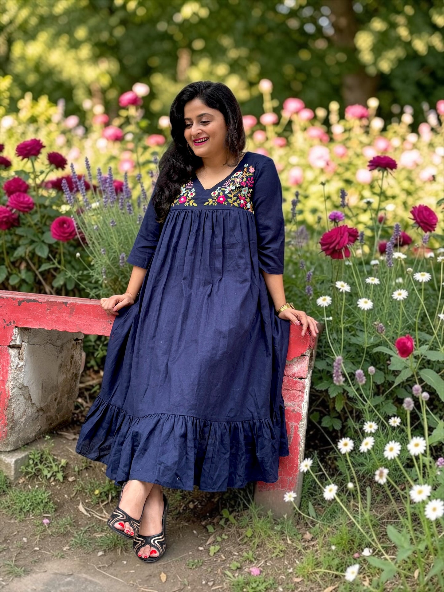 Disha Hand-Embroidered Cotton Midi Dress - Navy Blue