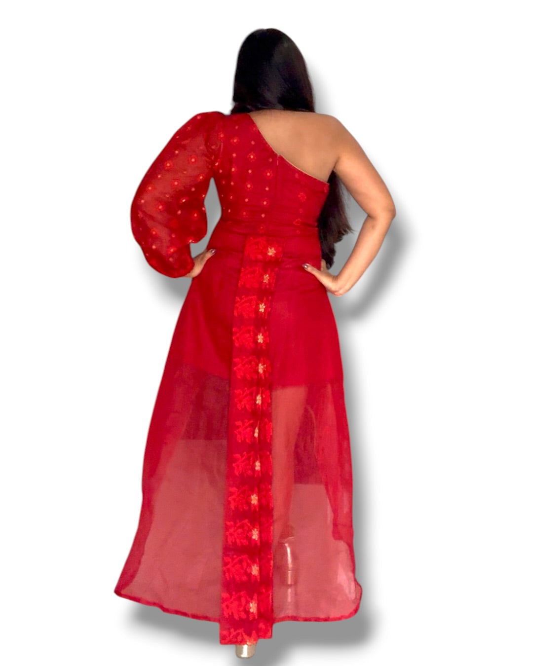 Firebird Jamdani Cotton High Low Dress - Red