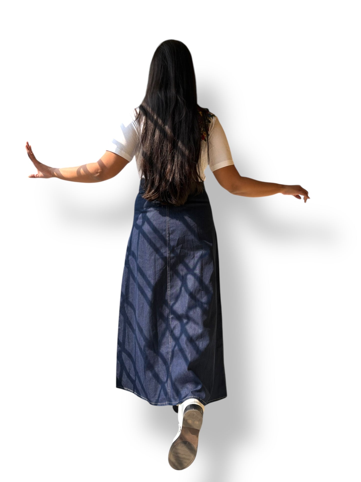 Eve Embroidered Applique Denim Long Skirt - Blue