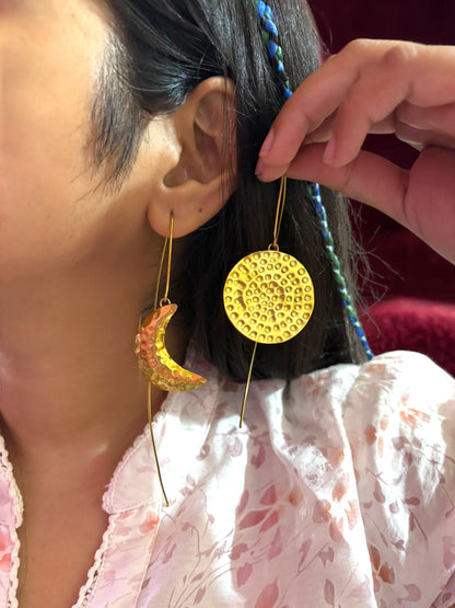 Asymmetric Moon Thread Brass Dangler Earrings