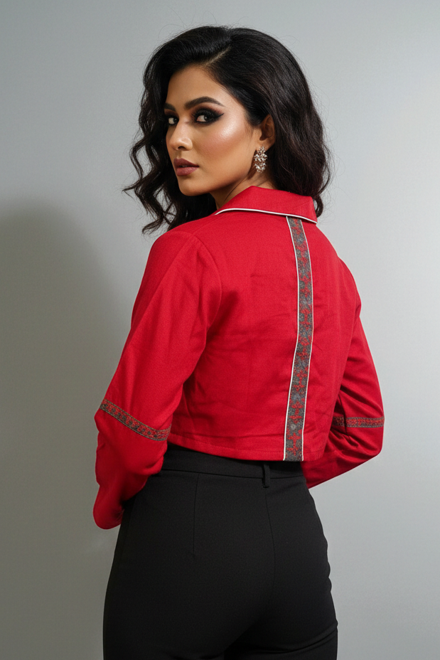 Donna Kanthastitch Cotton Cropped Jacket - Red