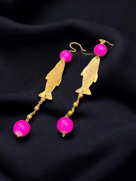 fishy-pink-beaded-brass-dangler-earrings