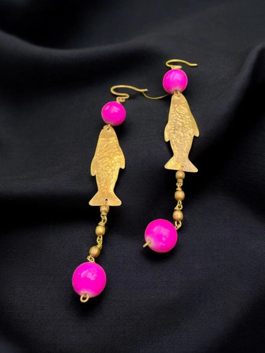 fishy-pink-beaded-brass-dangler-earrings