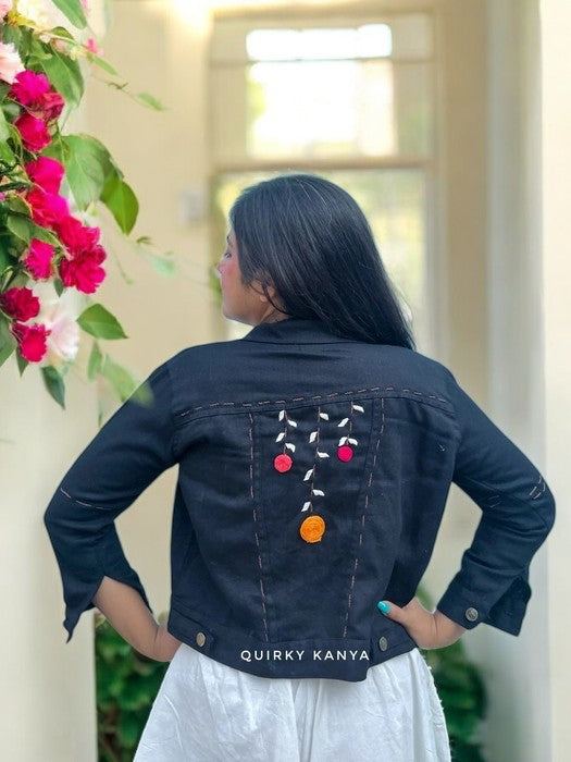 Flower Valley Embroidered Denim Jacket - Black