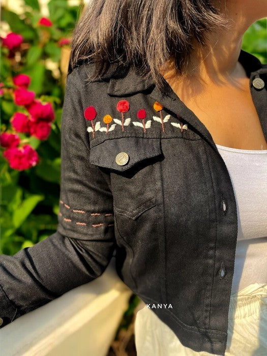 Flower Valley Embroidered Denim Jacket - Black