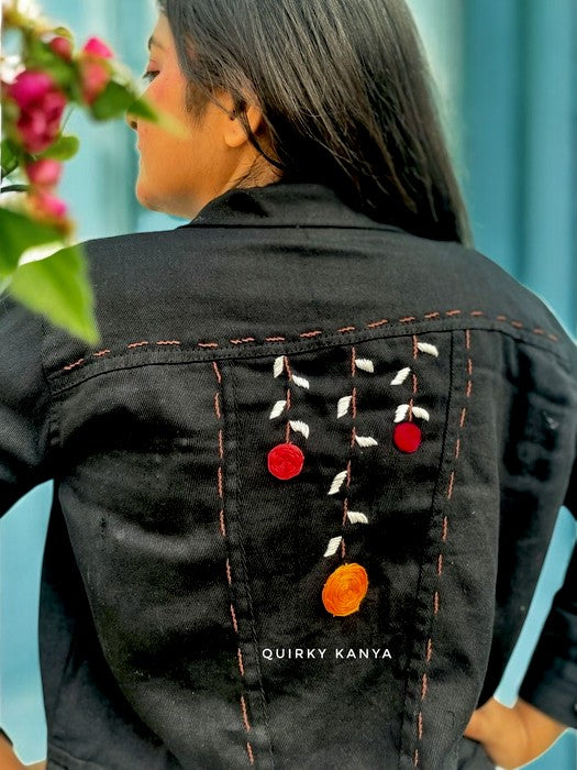 Flower Valley Embroidered Denim Jacket - Black