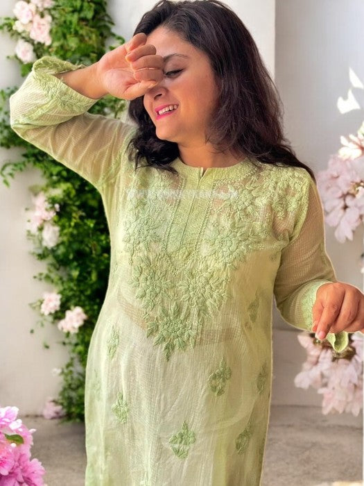 Firoza Chikankari Cotton Kota Kurta - Green