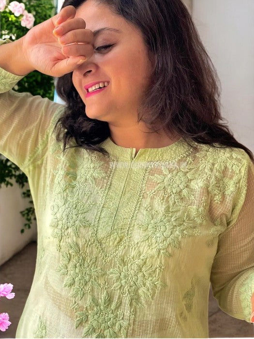 Firoza Chikankari Cotton Kota Kurta - Green