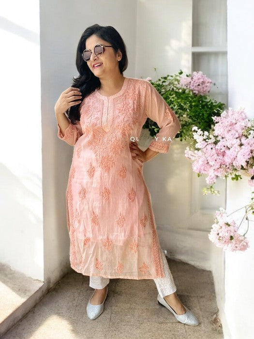 Firoza Chikankari Cotton Kota Kurta - Peach