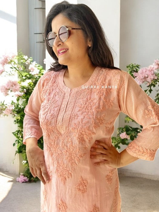 Firoza Chikankari Cotton Kota Kurta - Peach