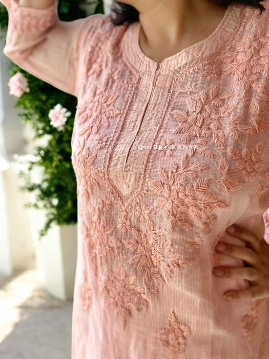 Firoza Chikankari Cotton Kota Kurta - Peach